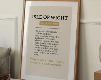 Impresión con la definición de la Isla de Wight, póster de arte mural costero del Reino Unido, tipografía playera, decoración minimalista neutra para el hogar.