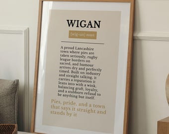 Wigan Definition Print, Greater Manchester Wall Art Poster, Rugby Town Typography, Neutral Minimalist Home Decor