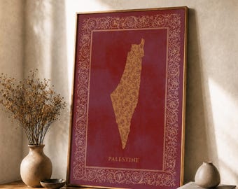 Palestine Map Print | Vintage Red & Gold Floral Wall Art | Antique Decor