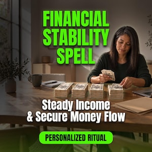 Może przedstawiać: Cyfrowa grafika z tekstem FINANCIAL STABILITY SPELL w kolorze jasnej zieleni, po którym następuje tekst Steady Income & Secure Money Flow oraz PERSONALIZED RITUAL. Obraz przedstawia stosy banknotów dolarowych na drewnianym stole.