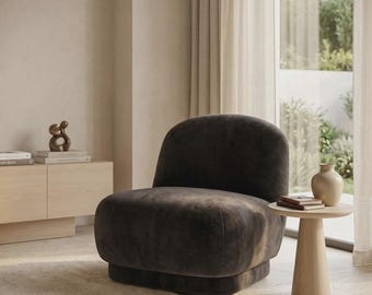 Mohair Velvet Swivel Lounge Chair – Blown Armchair, Modern Rounded Accent Chair, Handmade in the UK