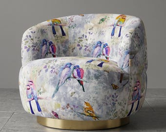 Mercer Swivel Armchair – Botanica Aves™ Floral Bird Fabric, Rounded Occasional Chair, UK Handmade