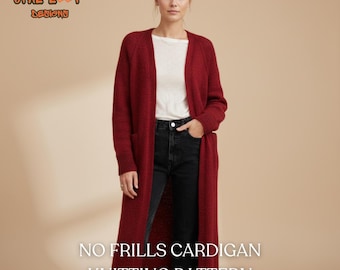 Puede incluir: Un cárdigan largo burdeos con bolsillos. El suéter abierto se usa sobre una camiseta blanca y jeans negros. El texto "NO FRILLS CARDIGAN KNITTING PATTERN" está en la parte inferior de la imagen. El logotipo de Opal Loop Designs está en la esquina superior izquierda.