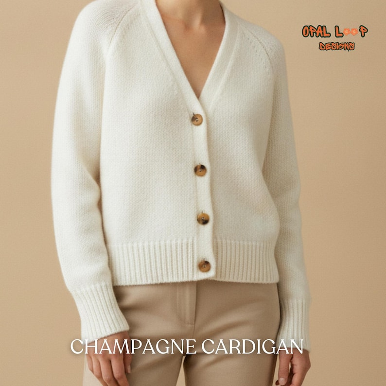 May include: A cream-colored V-neck cardigan featuring long sleeves, a ribbed hem, and four brown buttons down the front. The text "OPAL LOOP DESIGNS" appears in the upper right corner, and "CHAMPAGNE CARDIGAN" is printed at the bottom of the image.