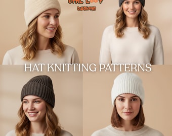 Puede incluir: Cuatro mujeres con gorros de punto acanalado en crema, carbón, marrón oscuro y blanco. La imagen incluye el texto "HAT KNITTING PATTERNS" y el logotipo "OPAL LOOP DESIGNS".