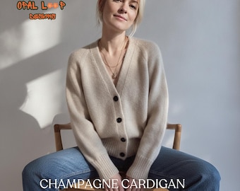 Puede incluir: Un cárdigan beige con cuello en V, mangas largas y cuatro botones oscuros en la parte delantera. El texto OPAL LOOP DESIGNS aparece en la esquina superior izquierda y el texto CHAMPAGNE CARDIGAN está centrado en la parte inferior.