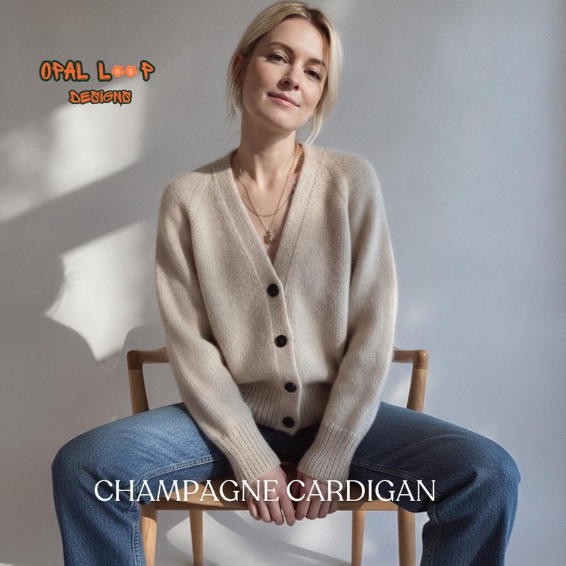 May include: A beige V-neck cardigan with long sleeves and four dark buttons down the front. The text OPAL LOOP DESIGNS appears in the upper left corner, and the text CHAMPAGNE CARDIGAN is centered at the bottom of the image.