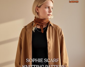 Puede incluir: Una bufanda Sophie tejida de color marrón cálido. La bufanda se lleva alrededor del cuello y se ata con un nudo. La imagen también incluye el texto "SOPHIE SCARF KNITTING PATTERN".