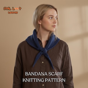 May include: A navy blue bandana scarf tied in a knot, worn over a brown shirt. The text "BANDANA SCARF KNITTING PATTERN" is displayed in white at the bottom of the image. The Opal Loop Designs logo is in the top left corner.