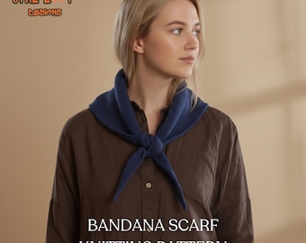 Puede incluir: Un pañuelo bandana azul marino anudado, usado sobre una camisa marrón. El texto "BANDANA SCARF KNITTING PATTERN" se muestra en blanco en la parte inferior de la imagen. El logotipo de Opal Loop Designs está en la esquina superior izquierda.