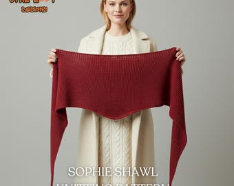 Puede incluir: Una mujer sostiene un chal Sophie tejido de color rojo intenso. El chal tiene forma triangular con extremos largos y puntiagudos. El texto "SOPHIE SHAWL KNITTING PATTERN" está visible. El logo de Opal Loop Designs está arriba a la izquierda.