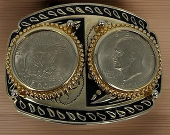 Hebilla de cinturón western de doble dólar Eisenhower de 1971, diseño negro y dorado, 4,5 x 3 pulgadas.