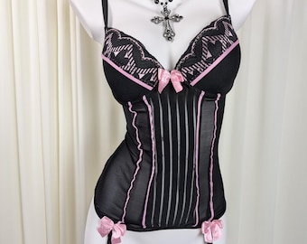 VTG Y2K Lovers Lane Whimsigoth Lace Corset Basque  Black & Pink  push up and padded
