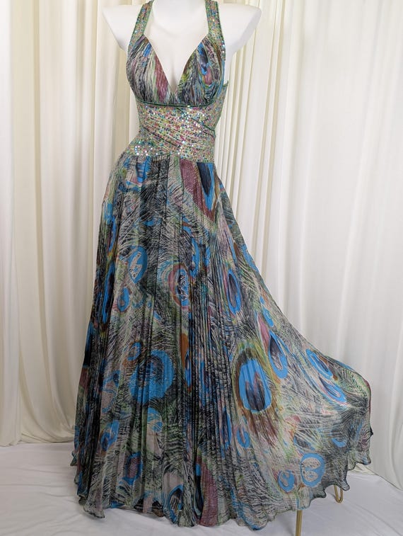peacock halter dress Vintage Y2K Jovani 100% Silk Feather Pleated Maxi Gown Sleeveless dress
