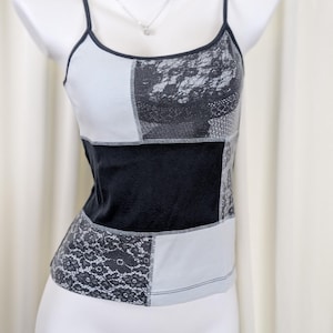 Vintage Y2K Promod Patchwork Lace Cami Top Soft Stretchy Cotton fits sizes 8_12 depending on desired fit