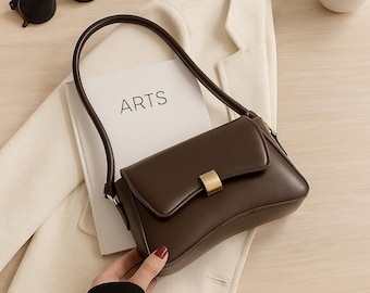 Leather Shoulder Bag, Metal Buckle Flap Crossbody Purse, Minimalist Everyday Handbag