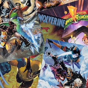 May include: A collage of comic book covers featuring various superheroes and villains. The artwork includes characters like Wolverine, Spider-Man, and the Power Rangers, with vibrant colors and dynamic action poses. The image is a mix of different comic book styles.