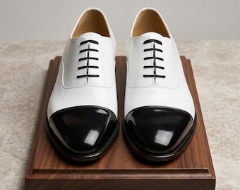 Handmade Two-Tone Men's Oxford Shoes - Black and White Leather Shoes - Cap Toe Formal Weddings