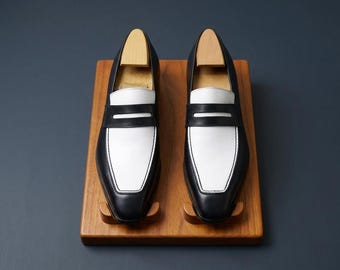 Luxury Two-Tone Leather Penny Loafers - Handcrafted Mens Dress Shoes - Black and White Gents Footwear