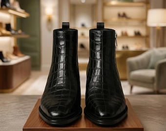メンズ ブラック クロコダイル型押しレザー チェルシーブーツ ハンドメイド ポインテッドトゥ ジッパー付き アンクル丈 ドレスブーツ