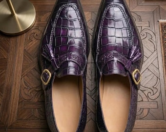 Men's Purple Crocodile Embossed Leather Loafers: Tassel Monk Strap Dress Shoes