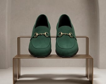 Mocasines verdes - Zapatos de vestir sin cordones - Zapatos formales de boda hechos a mano, mocasines de gamuza de lujo