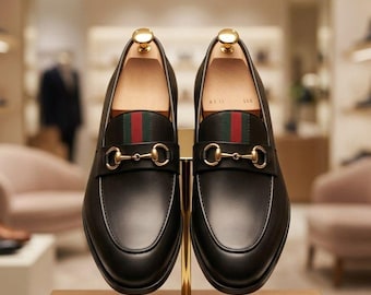 Men's Black Leather Horsebit Loafers Handmade Slip On Dress Shoes Smart Casual Wedding Footwear