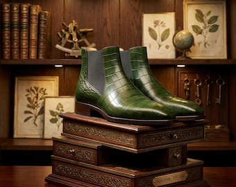 Green Alligator Embossed Leather Chelsea Boots – Dark Academia Dress Ankle Boot