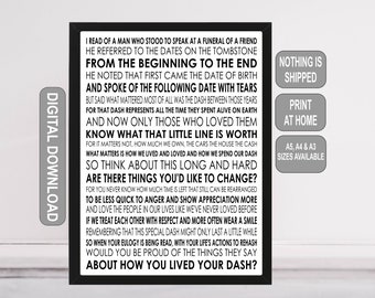 The Dash, Funeral Reading, Instant Digital Download Meditation, Spiritual Print, Typography Print, Quote Print
