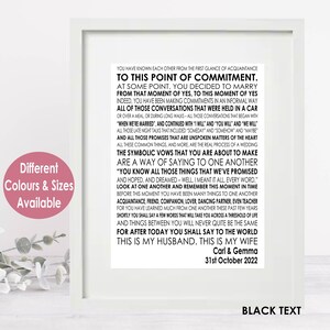 May include: A black and white printable art print featuring a wedding vow quote. The text reads "You have known each other from the first glance of acquaintance to this point of commitment." The quote continues with a description of the journey of a couple's relationship leading up to their wedding day. The print is signed "Carl & Gemma" and dated "31st October 2022".
