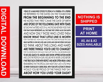 The Dash, Funeral Reading, Instant Digital Download Meditation, Spiritual Print, Typography Print, Quote Print