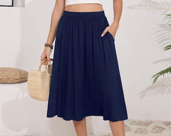 Women's Flowy Midi Skirt with Pockets, High Waisted Pleated A-Line Skirt, Elastic Waist Casual Summer Skirt for Everyday Wear