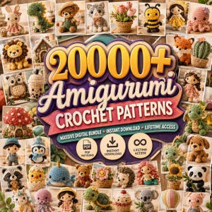 Könnte beinhalten: Eine digitale Sammlung von 20000+ Amigurumi-Häkelanleitungen mit einer zentralen Titelgrafik, umgeben von zahlreichen kleinen Fotos verschiedener gehäkelter Tiere, Puppen, Pflanzen und Lebensmittel in einer Vielzahl von Farben.