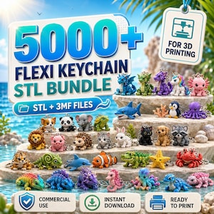 Könnte beinhalten: Ein digitales Paket mit über 5000 flexiblen Schlüsselanhänger-STL-Dateien für den 3D-Druck, das eine Vielzahl bunter Tierfiguren wie Drachen, Meerestiere und Säugetiere zeigt, mit Texten zu kommerzieller Nutzung und Sofort-Download.