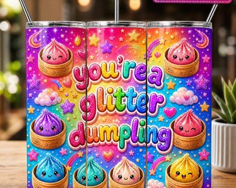 Dumpling Tumbler Wrap PNG,20oz Skinny Tumbler Wrap, Kawaii Dumpling Cup Design, Pastel Rainbow Glitter Wrap, Cute Food Dumplings Sublimation