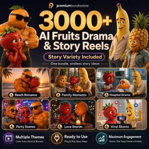 May include: A digital collection of 3000+ AI Fruits Drama & Story Reels featuring anthropomorphic fruit characters like oranges, strawberries, bananas, and pineapples in various scenarios including beach romance, family moments, and hospital drama.