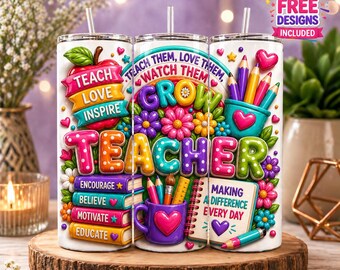 Inflated Floral Teacher Tumbler Wrap PNG, Rainbow Teacher Pencil Tumbler Design, School 20oz Sublimation PNG,  Back to School, Digital