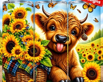 Rustic Sunflower Highland Cow Tumbler Wrap PNG, Western Floral Cow 20 oz Skinny Tumbler Sublimation Design, Country Cowgirl Digital Download
