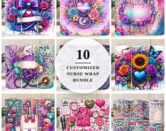 10 Personalized Nurse Tumbler Wrap Bundle PNG, Custom Name 20 oz Skinny Sublimation Wrap, 3D Inflated Nursing, Nurse Gift Digital Download