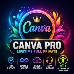 May include: A digital graphic promoting Canva Pro. The design features the Canva logo with a crown, surrounded by a colourful, glowing ring. Below, it reads "CANVA PRO LIFETIME FULL PRIVATE" with icons for privacy, access, storage, support, and accessibility.