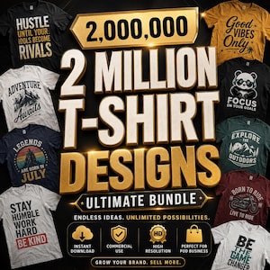 Op de afbeelding: Een digitale collectie van 2.000.000 t-shirtontwerpen met diverse grafische prints en typografie op t-shirts in verschillende kleuren. De centrale tekst luidt 2,000,000 2 MILLION T-SHIRT DESIGNS ULTIMATE BUNDLE met iconen voor downloads.
