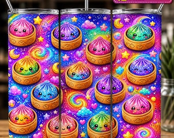 Dumpling Tumbler Wrap PNG,20oz Skinny Tumbler Wrap, Kawaii Dumpling Cup Design, Pastel Rainbow Glitter Wrap, Cute Food Dumplings Sublimation