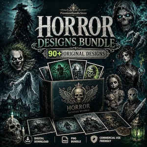 Op de afbeelding: Een digitale collectie getiteld Horror Designs Bundle met 90+ originele ontwerpen. De doos toont een schedel-embleem met vleugels, omringd door diverse donkere, macabere illustraties waaronder geesten, clowns, schedels en spookhuizen.