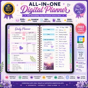 Könnte beinhalten: Digitaler Planer mit Regenbogen-Thema, mit täglichen, wöchentlichen und monatlichen Abschnitten. Enthält Vorlagen, Aufkleber und Google Kalender-Integration. Kompatibel mit iPads und Tablets.