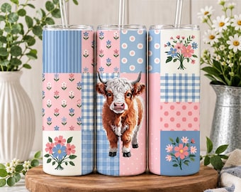 Highland Cow Tumbler Wrap PNG, Floral Western Cow 20oz Skinny Tumbler Design, Boho Patchwork PNG Instant Digital Download