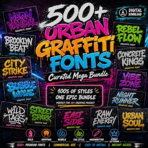 May include: A digital download bundle featuring 500+ Urban Graffiti Fonts. The graphic displays various font names like Neon Vandal, Brooklyn Beat, and City Strike in vibrant colors against a dark brick wall background with icons for font styles.
