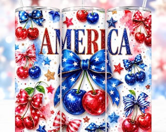 America Cherries Coquette Tumbler Wrap, USA Cherry Bow Flag Trendy Cute 4th of July 20oz Tumbler Sublimation Design PNG, Digital Download