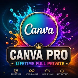Könnte beinhalten: Eine digitale Grafik, die Canva Pro bewirbt. Das Design zeigt das Canva-Logo in einem kreisförmigen Rahmen mit einem Farbverlauf im Hintergrund. Darunter wird der Text "CANVA PRO" angezeigt, zusammen mit Symbolen und Text, die Funktionen wie lebenslangen Zugriff und Cloud-Speicher anzeigen.