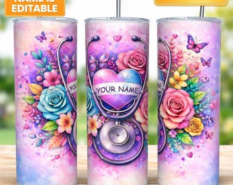Personalized Nurse Tumbler Wrap PNG, 20 oz Skinny Tumbler Sublimation, Nurse Wrap Design, Healthcare PNG, Digital Downaload