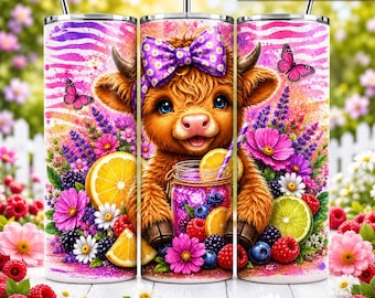 Fruits Highlands Cow Tumbler 20 oz Skinny Tumbler Sublimation Design, Cute Cow Summer Fruit PNG Instant Download Seamless Tumbler Wrap